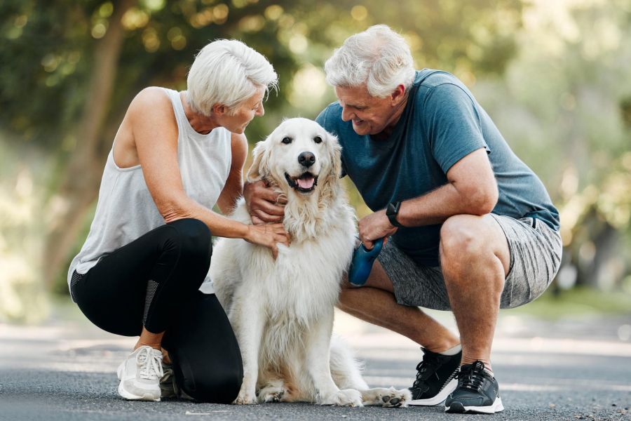 Attain on 5th apartment homes with Older couple kneeling on a path, smiling and petting a golden retriever outdoors on a sunny day.