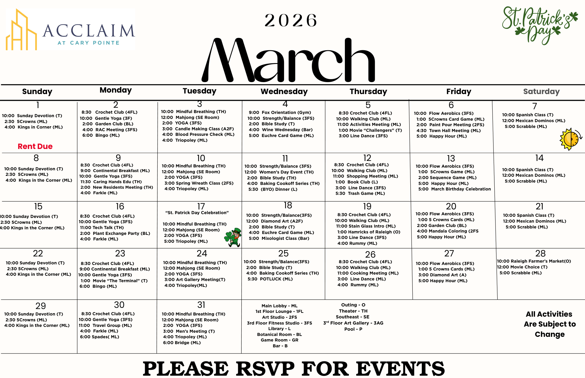 Attain on 5th apartment homes with March 2026 event calendar for Acclaim at Cary Pointe, listing daily activities and special events.