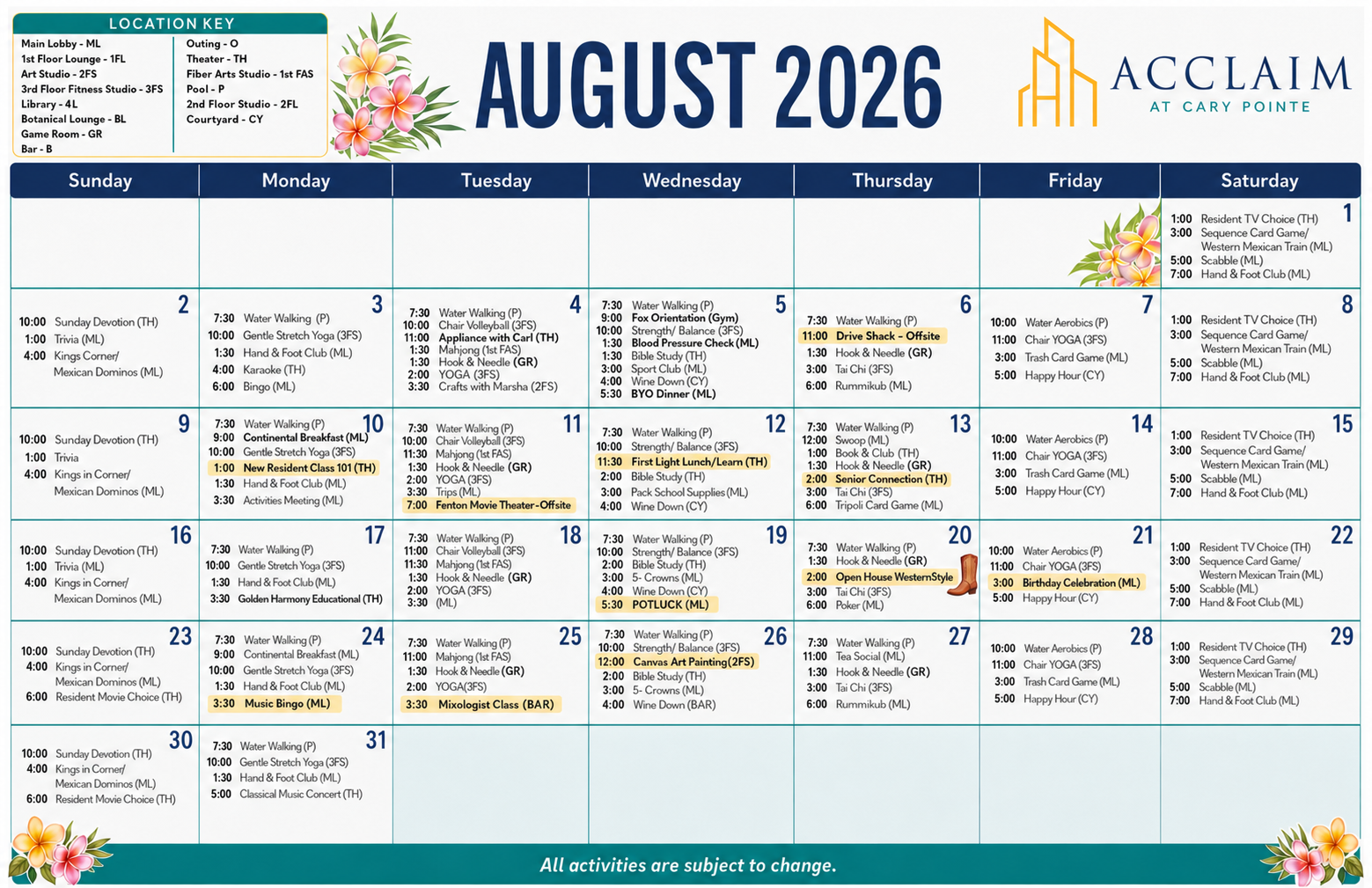 Attain on 5th apartment homes with August 2026 calendar with daily scheduled activities and events for Acclaim at Cary Pointe, color-coded by location.