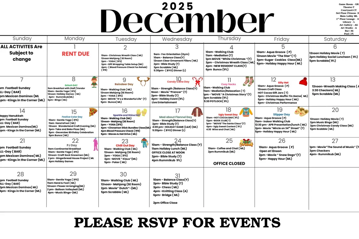Acclaim at Cary Pointe December 2025 calendar with events, activities, and reminders, including "Rent Due" and "Office Closed" dates.