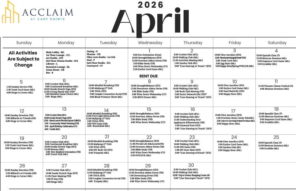 Attain on 5th apartment homes with April 2026 activity calendar for Acclaim at Cary Pointe with daily scheduled events and activities.