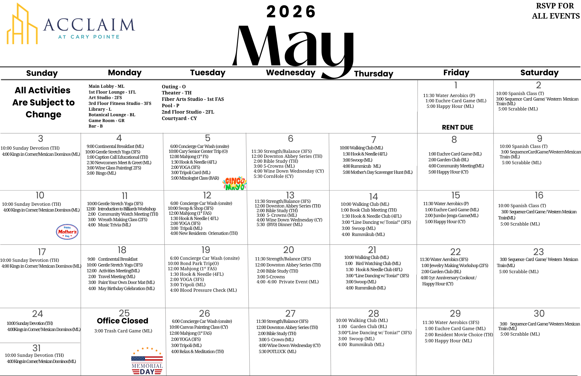 Attain on 5th apartment homes with May 2026 activity calendar for Acclaim at Cary Pointe listing daily events and programs for each day of the month.
