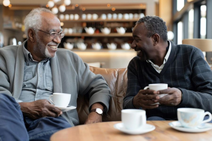 Attain on 5th apartment homes with Two men sit on a couch in a café, smiling and chatting while holding coffee cups.