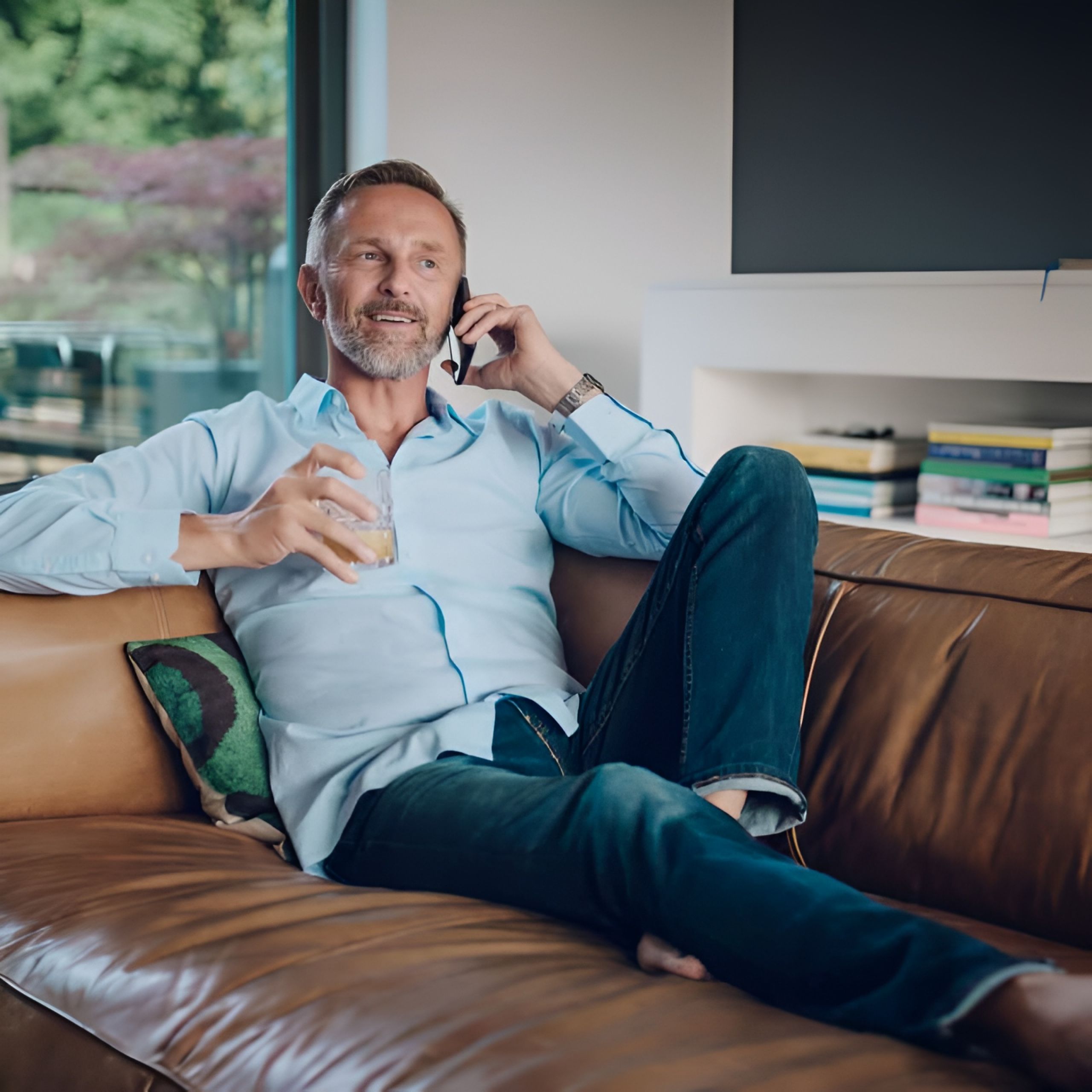 Acclaim at Cary Pointe homes with Man relaxing on a couch, talking on the phone and holding a drink, with books and a window in the background.