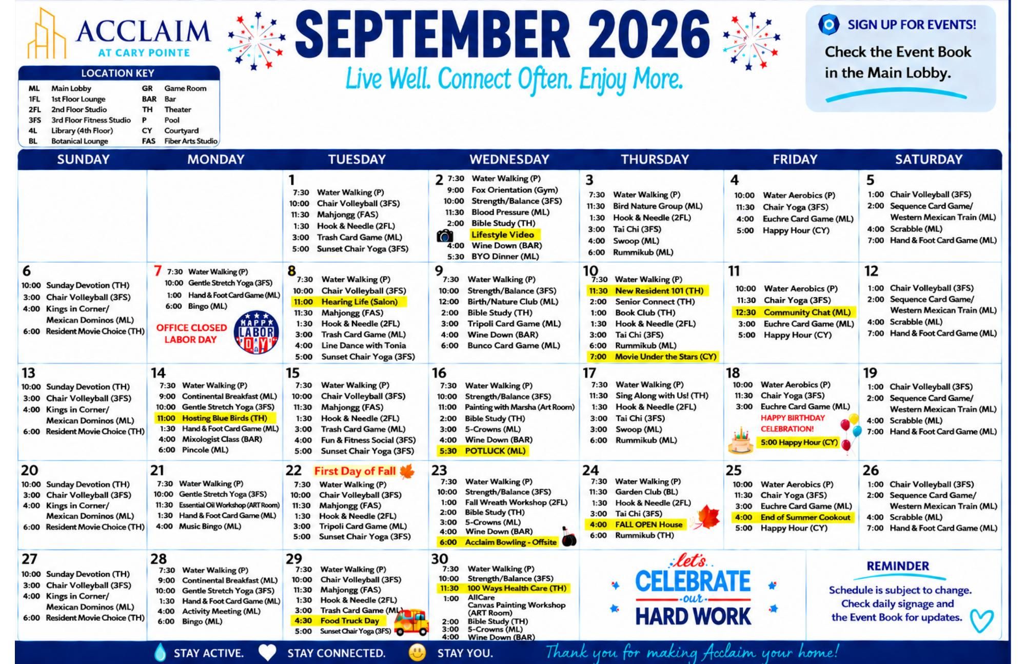 Attain on 5th apartment homes with September 2026 activity calendar with daily events, color-coded locations, special holidays, and reminders for Acclaim at Cary Pointe residents.